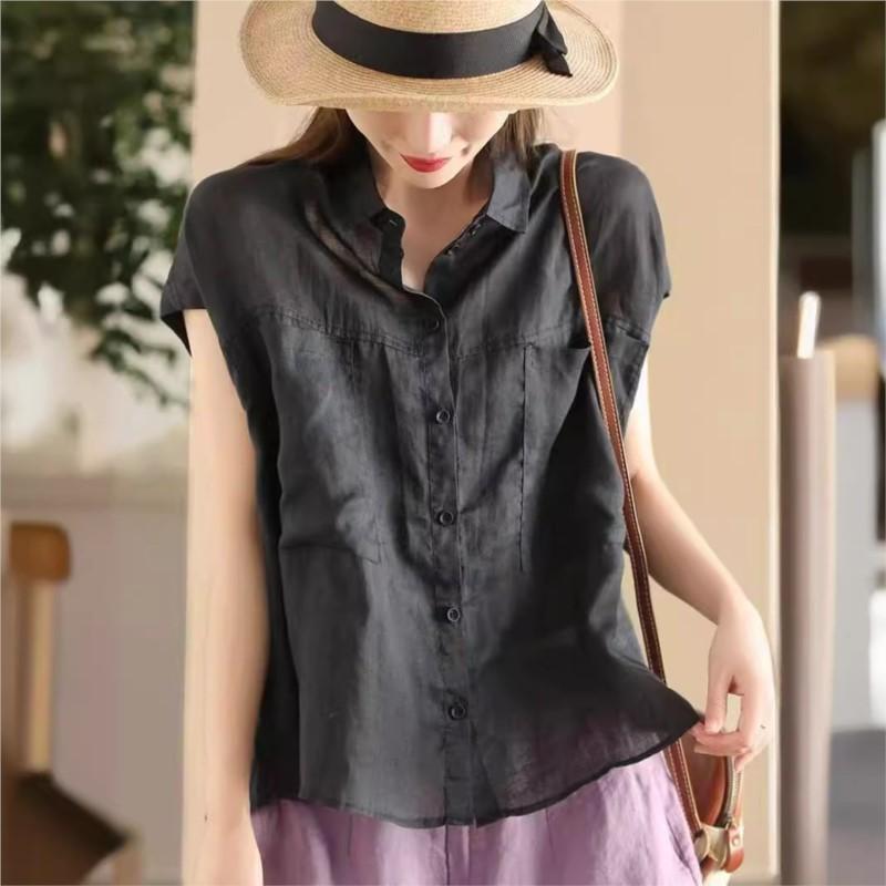 Johnature Women Solid Color Sleeveless Shirts Turn-down Collar Button Summer Pockets Women Vintage Blouses Tops