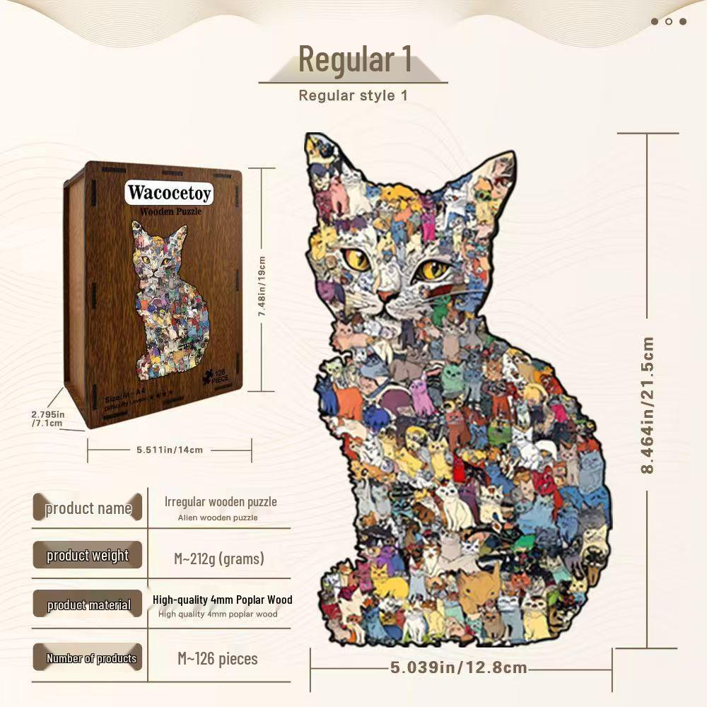 Wacocetoy Wooden Cat Puzzle: Irregular Shaped Adult Jigsaw with Frame