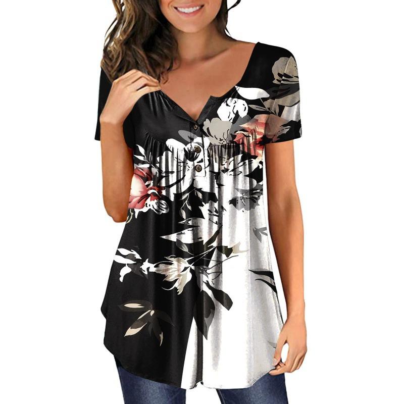 Summer Women's Short Sleeve Floral 3D Printed Buttons T Shirt Ladies Plus Size Top