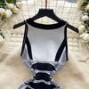 Summer Women French Senior Knitting Sweater Tank Dress Female O Neck Sleeveless High Elastic Slim Fit Sundress Patchwork Chic OL Mini Dress