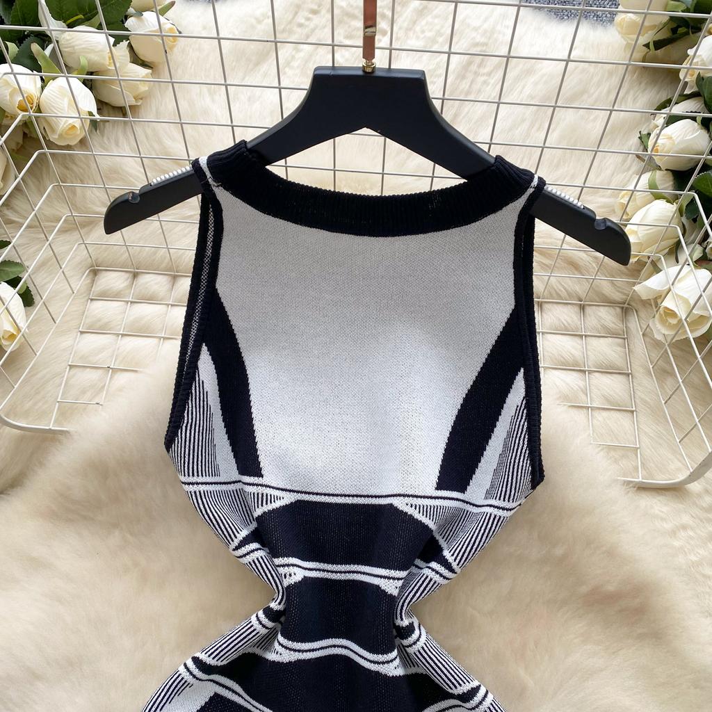 Summer Women French Senior Knitting Sweater Tank Dress Female O Neck Sleeveless High Elastic Slim Fit Sundress Patchwork Chic OL Mini Dress