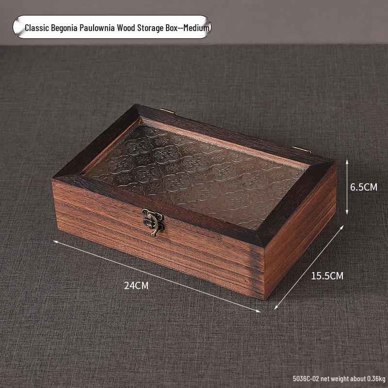 Retro Begonia Glass Lid Wooden Storage Box for Sundries, Dried Fruits, Cosmetics, and Documents