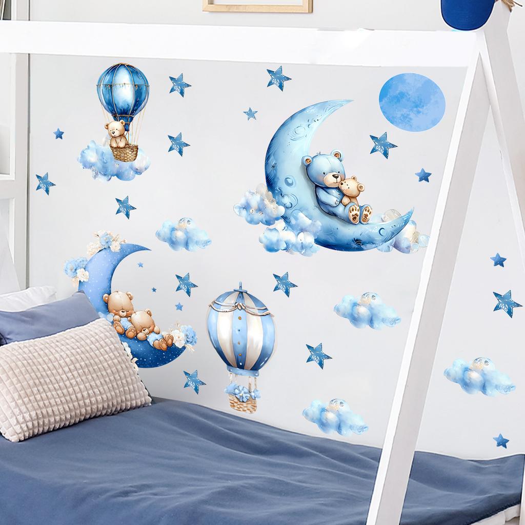 Cartoon Bear Moon Hot Air Balloon Wall Sticker Self Adhesive Decal for Kids Room Living Room Bedroom Home Decoration