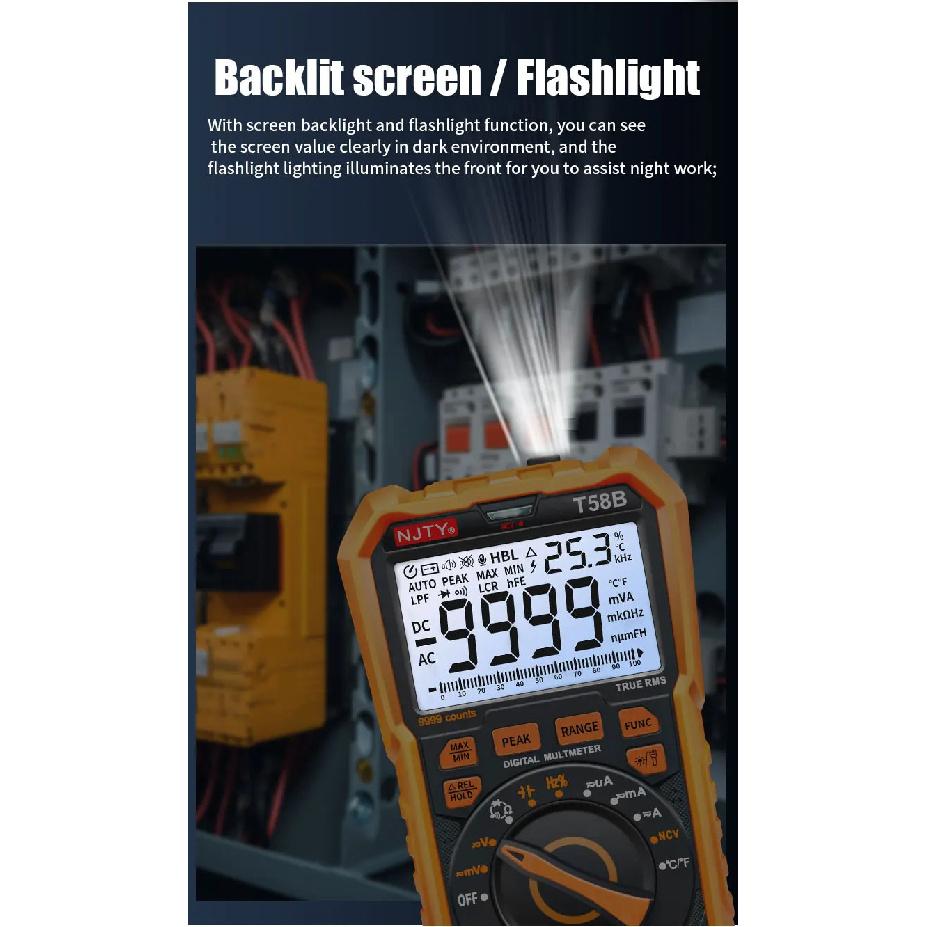 NJTY Digital Multimeter 9999 Counts Multimetro AC/DC Leakage Current Tester 100mF Capacitance Professional Electrician Tools