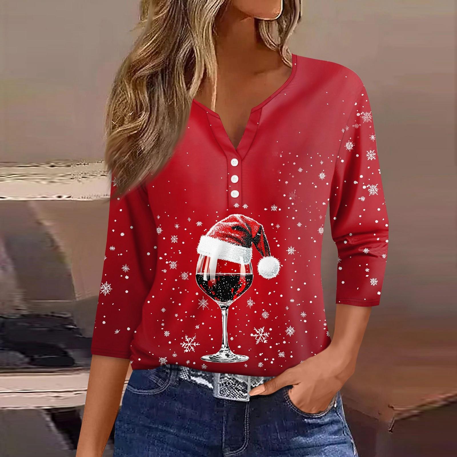 

Женская футболка с рождественским принтом, на пуговицах, рукав 3/4, повседневная мода на выходные, базовый топ с V-образным вырезом XXL винный