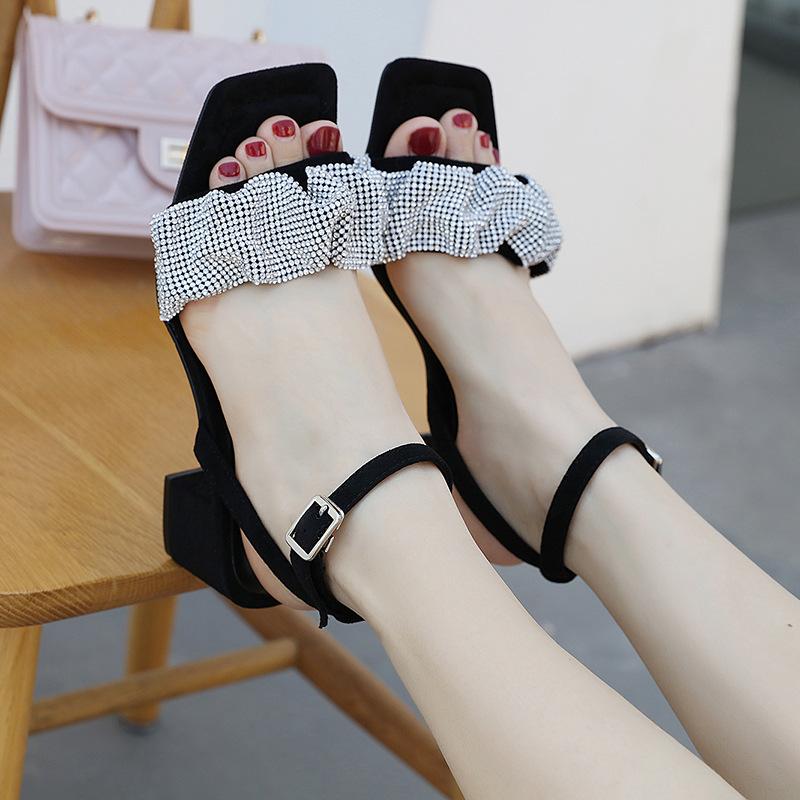 Star of the same style King 2025 spring and summer fairy square head rhinestone thick heel high heels word with fish mouth rhinestone