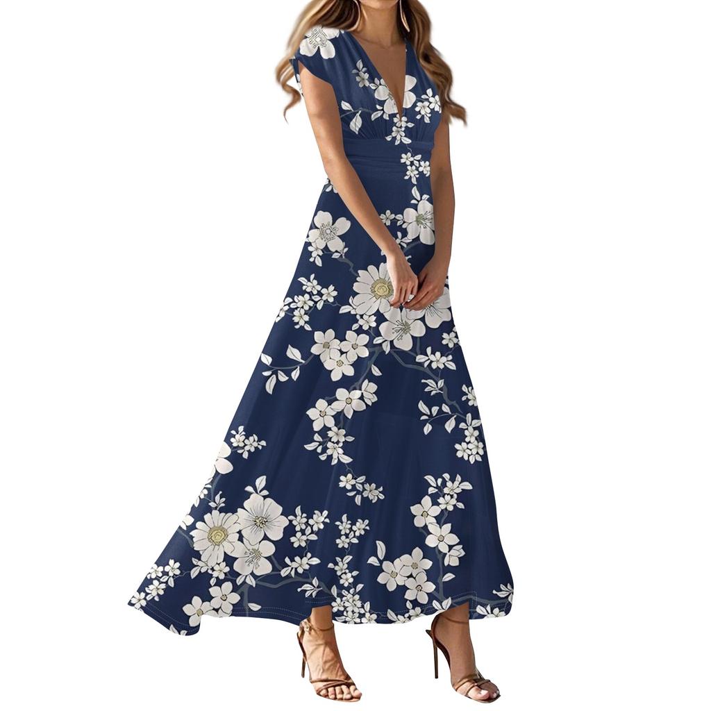 Women's Summer Casual Fashion Floral Print Dress V-Neck Short Sleeve Dresses