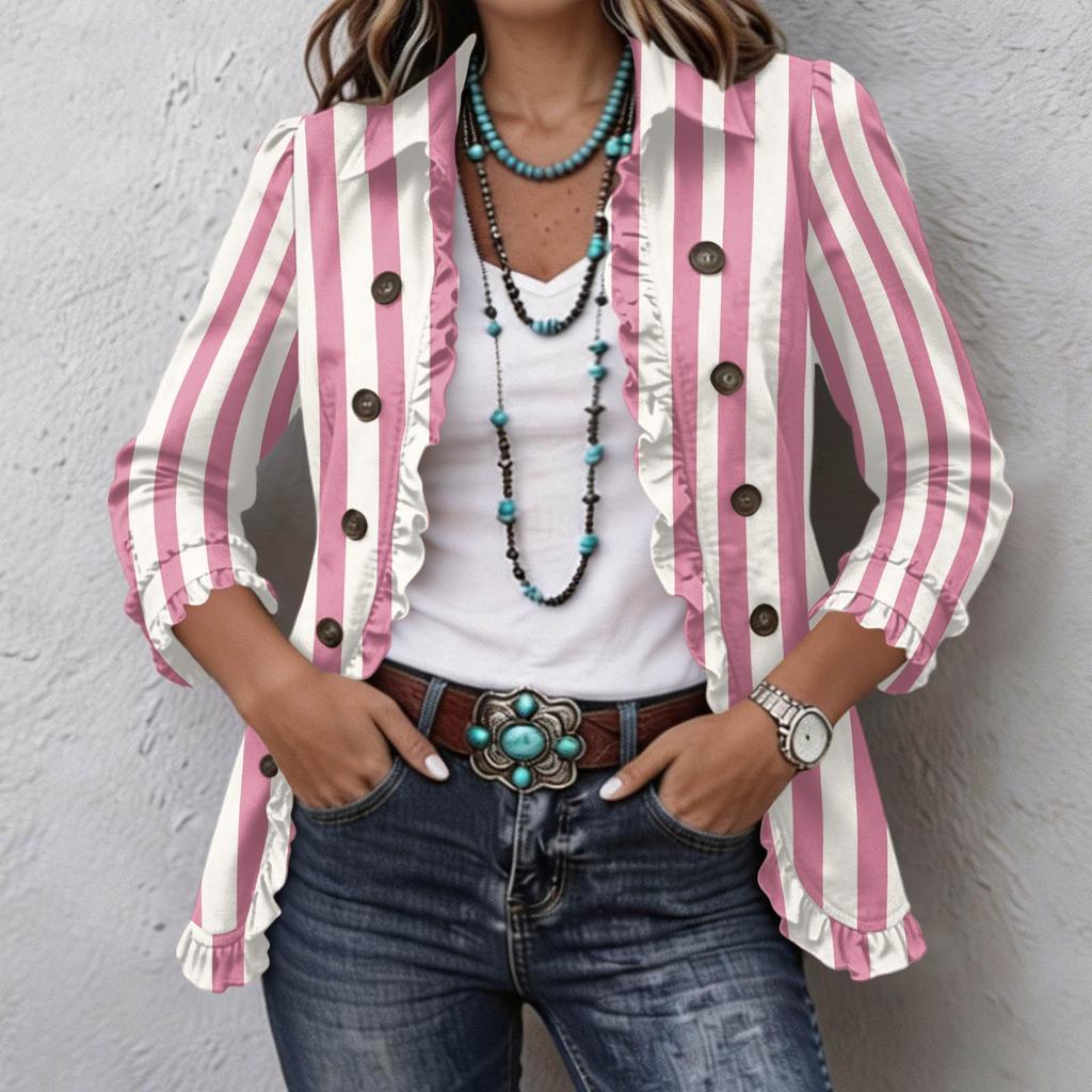Damen Casual Vertikal Gestreift Print Langarm Rüschen Knopfleiste Hemd Jacke für den Alltag