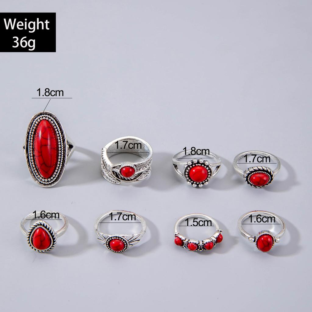 Ethnic style vintage turquoise carved feather ring fashion personality 8-piece combination ring set