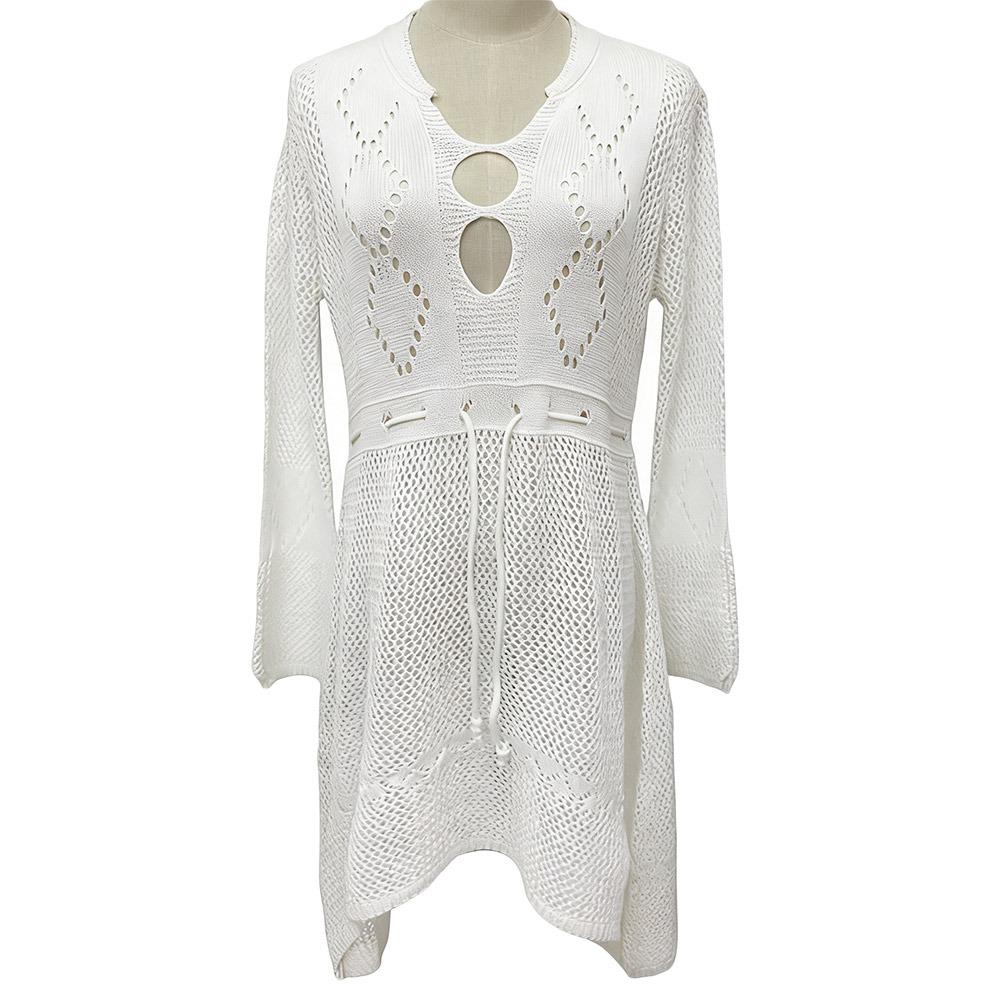 Fashion V Neck Summer Sunscreen Smock Knitted Hollow Out Swimsuit Cover Up Dress Loose Bathing Suit Swim Dress for Women