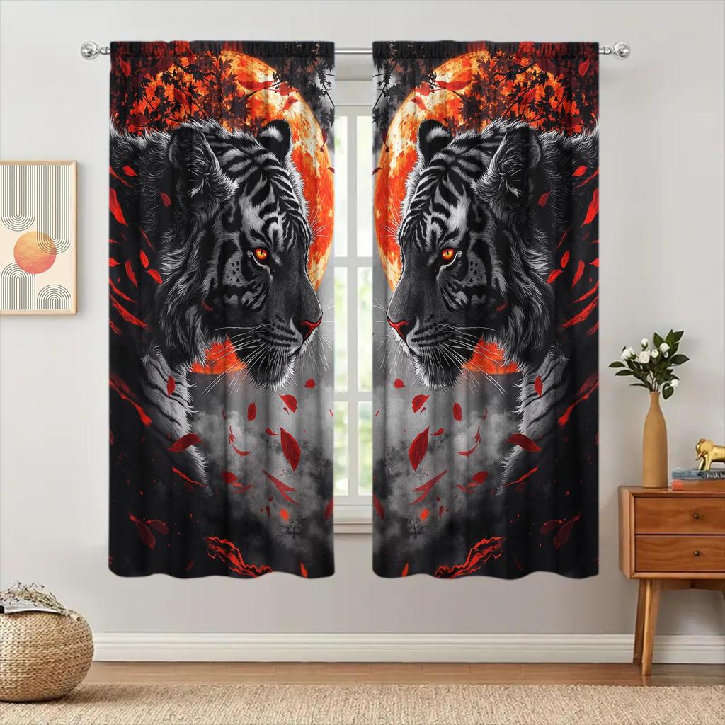 2 Panels The Fierce Tiger Under The Red Sun Curtains   Versatile Design Suitable for Any Style   Creating a Peaceful Living Space