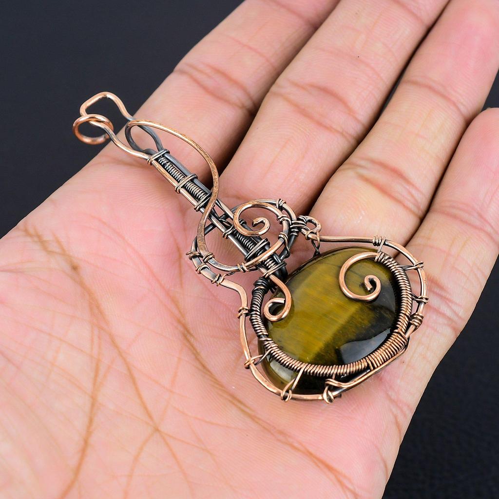 Tiger's Eye 999 Copper Wire Wrapped Pendant, Handmade Gemstone Pendant, Gift For Mom Antique Jewelry