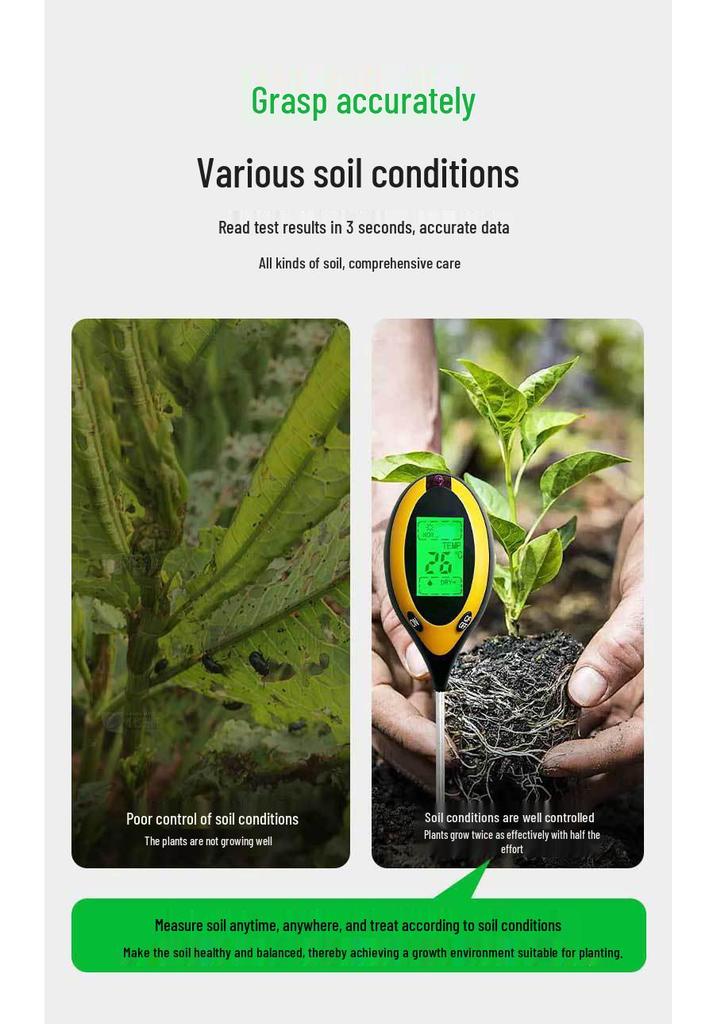 4-in-1 Soil Tester: Digital PH, Light, Temp & Humidity Meter with Backlight