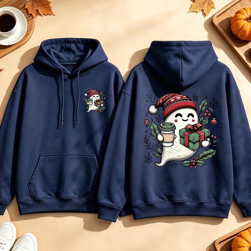 Cute Ghost Coffee Christmas Sweatshirt Santa Hat Gift Graphic Pullover Spooky Xmas Casual Loose Tops Men Hoodies Women