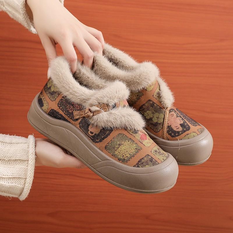 Womens Warm Fuzzy Slippers Shoes With Floral Print PU Sole Cotton Upper Flat Heel Winter Home Wear