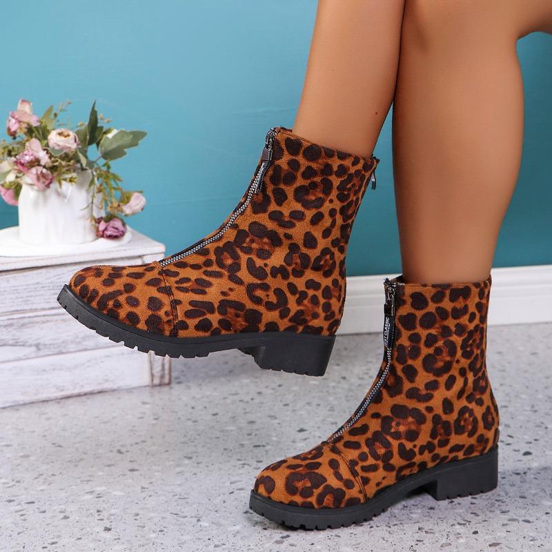 Leopard Print Women Ankle Boots Platform Suede Shoes  Trend Winter Snow Boots Chunky Heels Fur Warm Sneaker Zip Botas Mujer