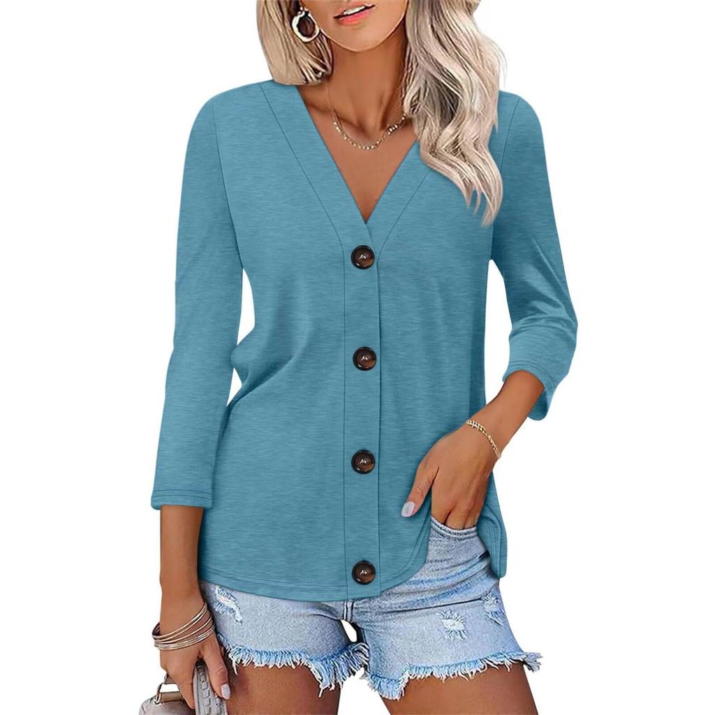 Women's Fashion Casual Solid Color Button-down Shirt 3/4 Long Sleeve Tops