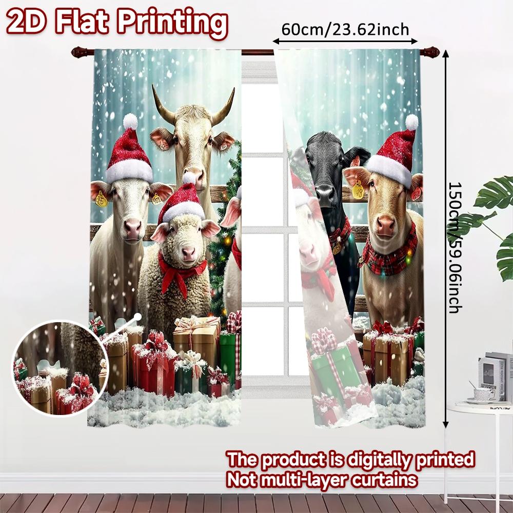 2pcs 2D Flat Printing Merry Christmas Popular Curtains Farm Animals Celebrate Christmas Polyester Without Electricity Festive