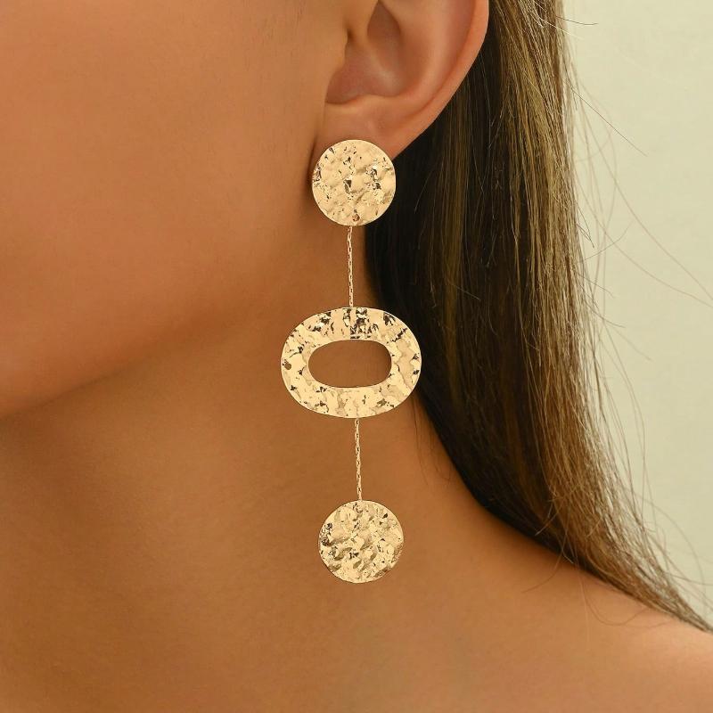 Bohemian Retro Gold Color Pleated Geometric Pendant Earrings, Women's Personalized Trendy Holiday Party Accessories Gifts