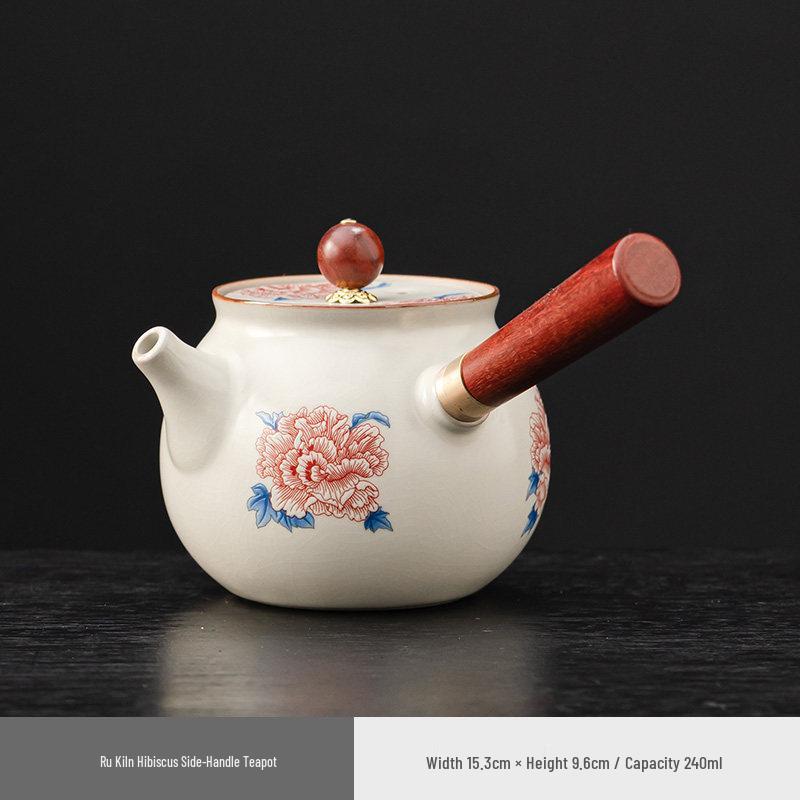 Elegant Ru Kiln Hibiscus Teapot Set: Includes Beige Side-Handle Pot, Lid, Bowl, Filter Screen, Tea Wash Pitcher, Gong Dao Bei for Gongfu Tea.