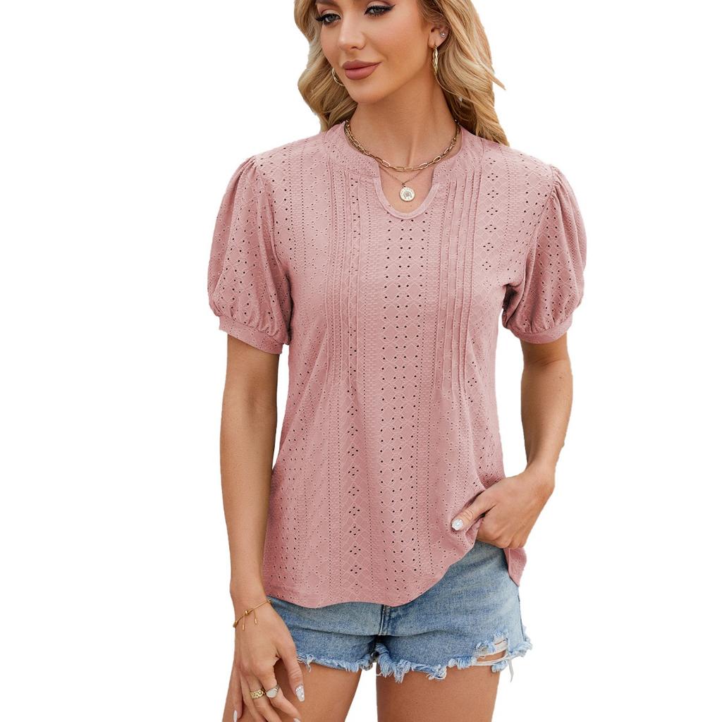 Spring Summer New Women's Solid Color V-neck Striped Loose Short Sleeve T-shirt for Cross-border E-commerce