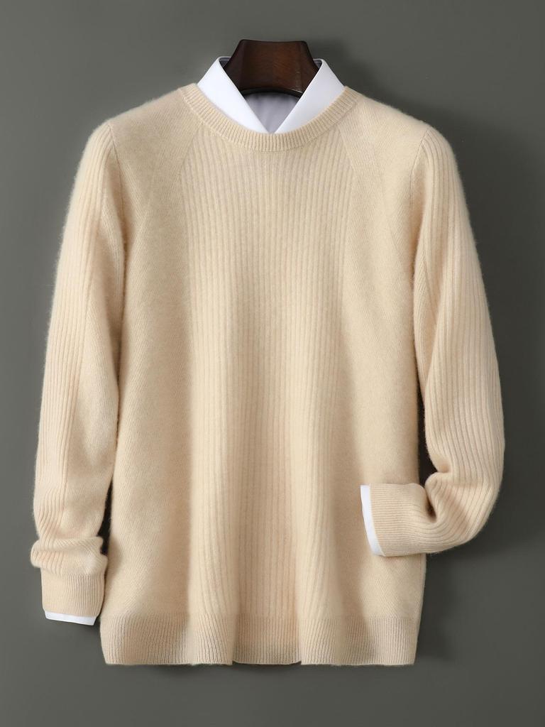 Men's High-Quality 100% Wool Round Neck Sweater, Vertical Ribbed Knit, Soft and Luxurious Thick Base Layer
