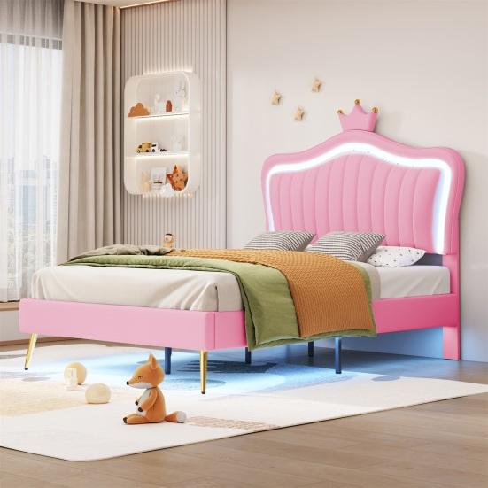 Single Bed Crown Shape Children with Headboard LED Light Heavy Princess Duty Strong Carrying Capacity Girl Bedroom Furniture Upholstered