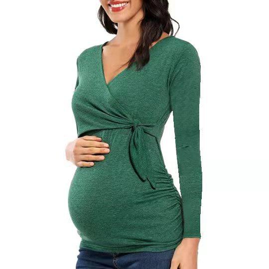 European and American trends Bao Ma cross V-neck breastfeeding T-shirt maternity top spot loose type