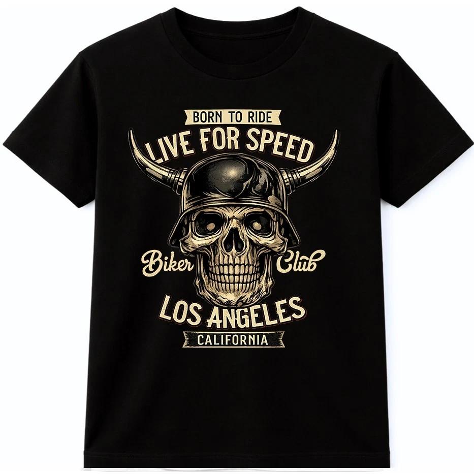 Biker Skull T Shirt Born to Ride Live Speed Los Angeles Motorcycle Tee XS