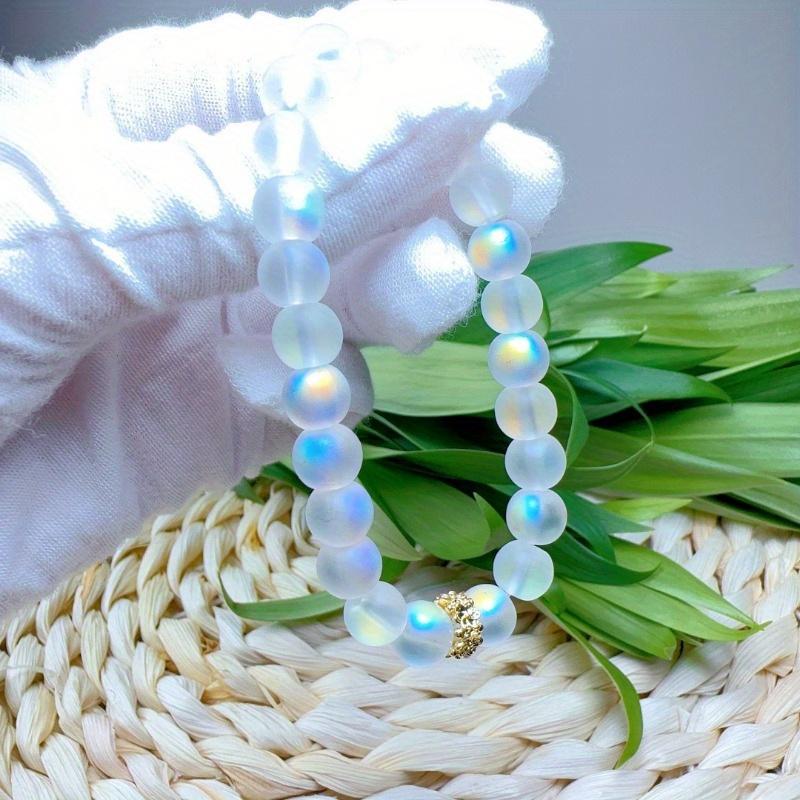 Elegant White Moonstone Glass Bracelet - Handcrafted Synthetic Beads, Vintage Boho Style, Shimmering Jewelry for Men and Women