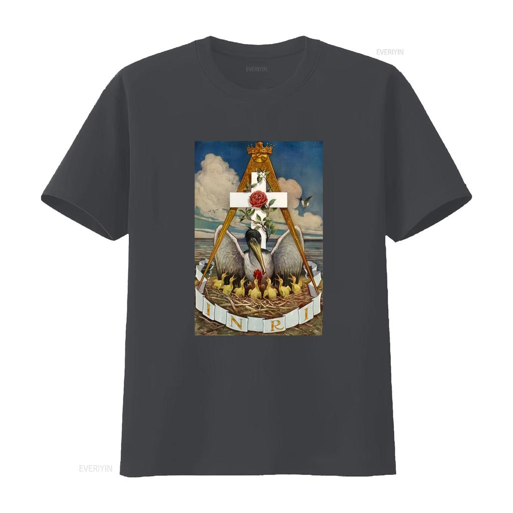 Esoteric shirt INRI The pelican feeding its young Initiation occult symbol Masonic Knight Rose Croix Rosicrucian cross seal tee