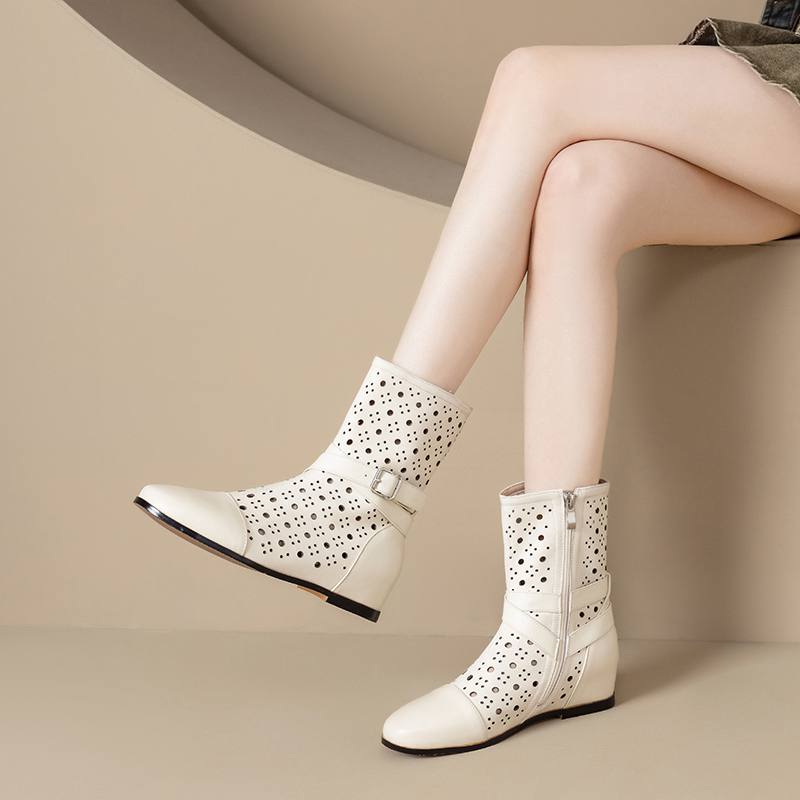 Krazing Pot Cow Split Leather Round Toe Size 43 Increaseing Summer Boots Fashion Hollow Decorations Buckle Summer Boots