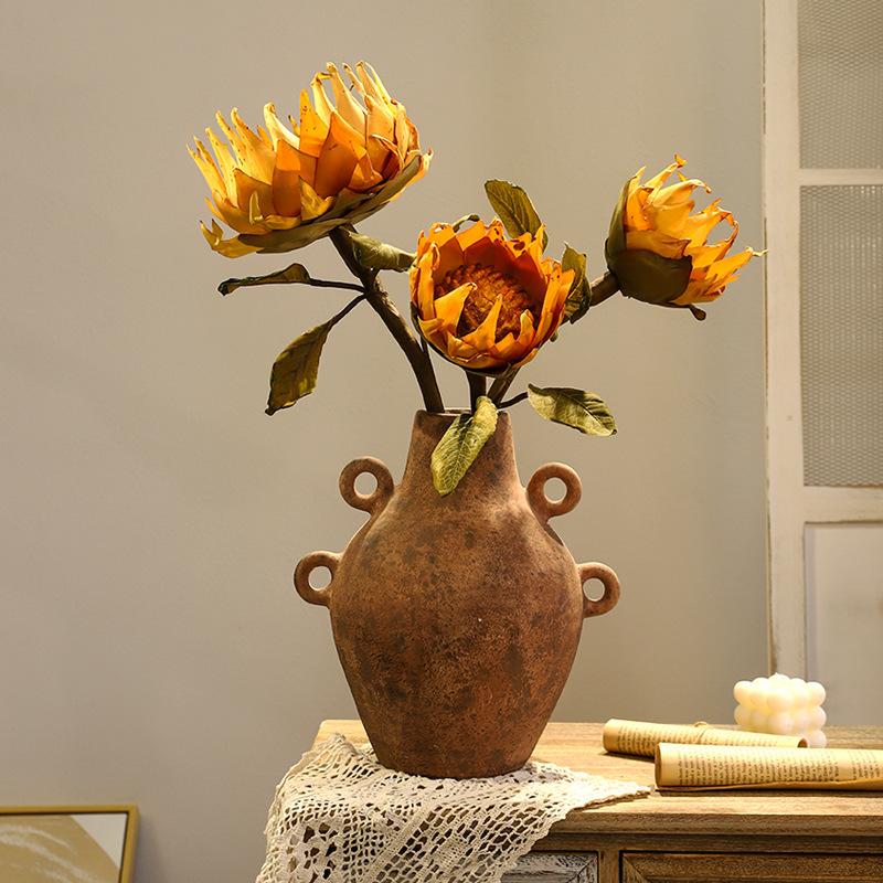Ceramic Vase Retro Pot Rough Pottery Geometric Handle Flower Vase Flower Arrangement Accessories Flowerpot Home Decoration