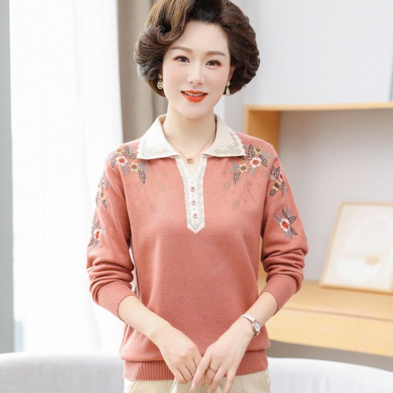 Mom Lapel Knitted Sweater Medium and Old Spring Long-sleeved Sweater Bottoming Shirt Middle-aged Women's New Thin Sweater