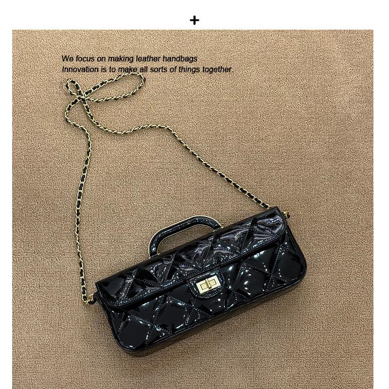 Mirror-finish Diamond Handle Flap Bag, Patent Leather Chain Bag, Handbag, Single Shoulder Crossbody Bag, Fashionable Top-grain Cowhide