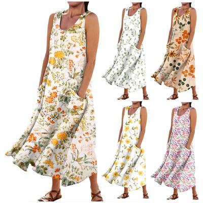 Damen Sommerkleid, lässig, modisch, bedruckt, ärmellos, Rundhalsausschnitt, Taschenkleid