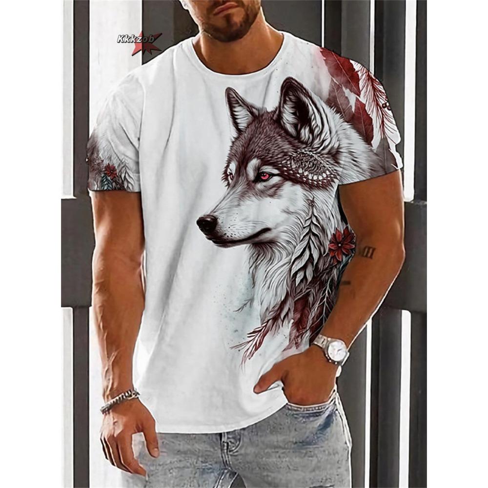 Summer Wolf Fire Dragon Printed Men's T-shirt Men's Printed Fashion Festival Round Neck Men's Short Sleeve Outdoor Street Casual T-shirt