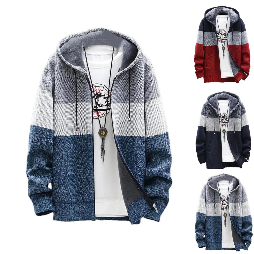 Men’S Fleece Lined Hooded Sweatercoat Striped Turn-Down Collar Long Sleeve Full Zip Knitted Trenchcoa