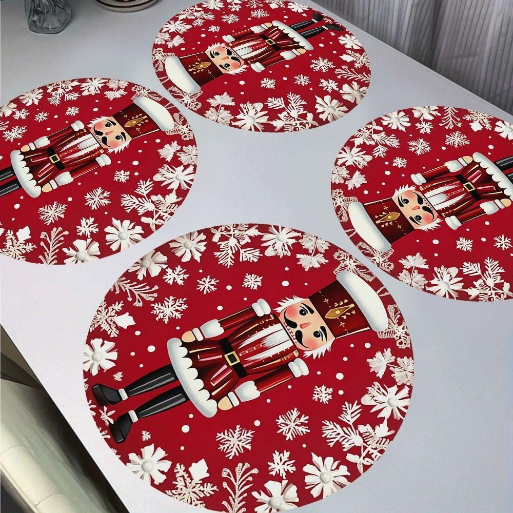 4Pcs Heat Resistant Linen Placemat Anti-slip Snowflake Placemat Christmas Round Placemat Party