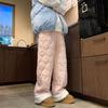 Women Cotton Pants Elastic High Waist Solid Color Wide Leg Causal Trousers with Pockets Thickened Plush Lining Winter Pants