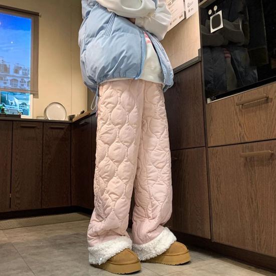 Women Cotton Pants Elastic High Waist Solid Color Wide Leg Causal Trousers with Pockets Thickened Plush Lining Winter Pants