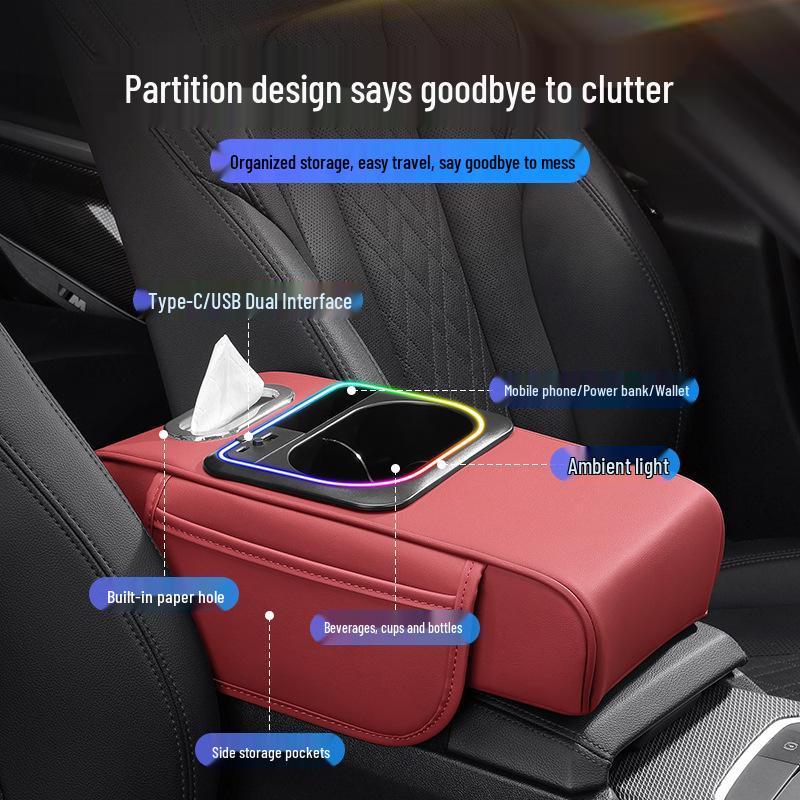 Multifunctional Car Armrest Riser with Dual Fast Charging, Rhythm Light, Cup Holder, and Tissue Box