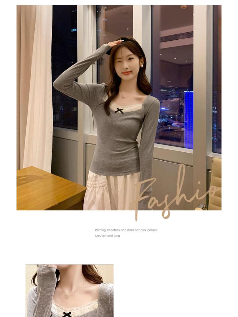 Lace Spliced Brushed Warm Long-Sleeve Women's T-Shirt, Slim Fit, Perfect for Autumn/Winter Layering or Solo Wear.