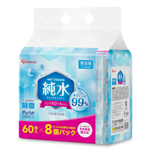 

IRIS OHYAMA Wet Wipes, 99% Pure Water, 480 Sheets (60 Sheets x 8 Packs), Compact, Portable, Great for Cleaning, Traveling, and Wiping Hands, Large Cap