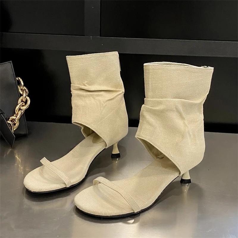 Eilyken Concise Open Toe Clip On Denim Women's Boots Pleated Low Thin Heels Roman Booties Sandal Zapatos De Mujer