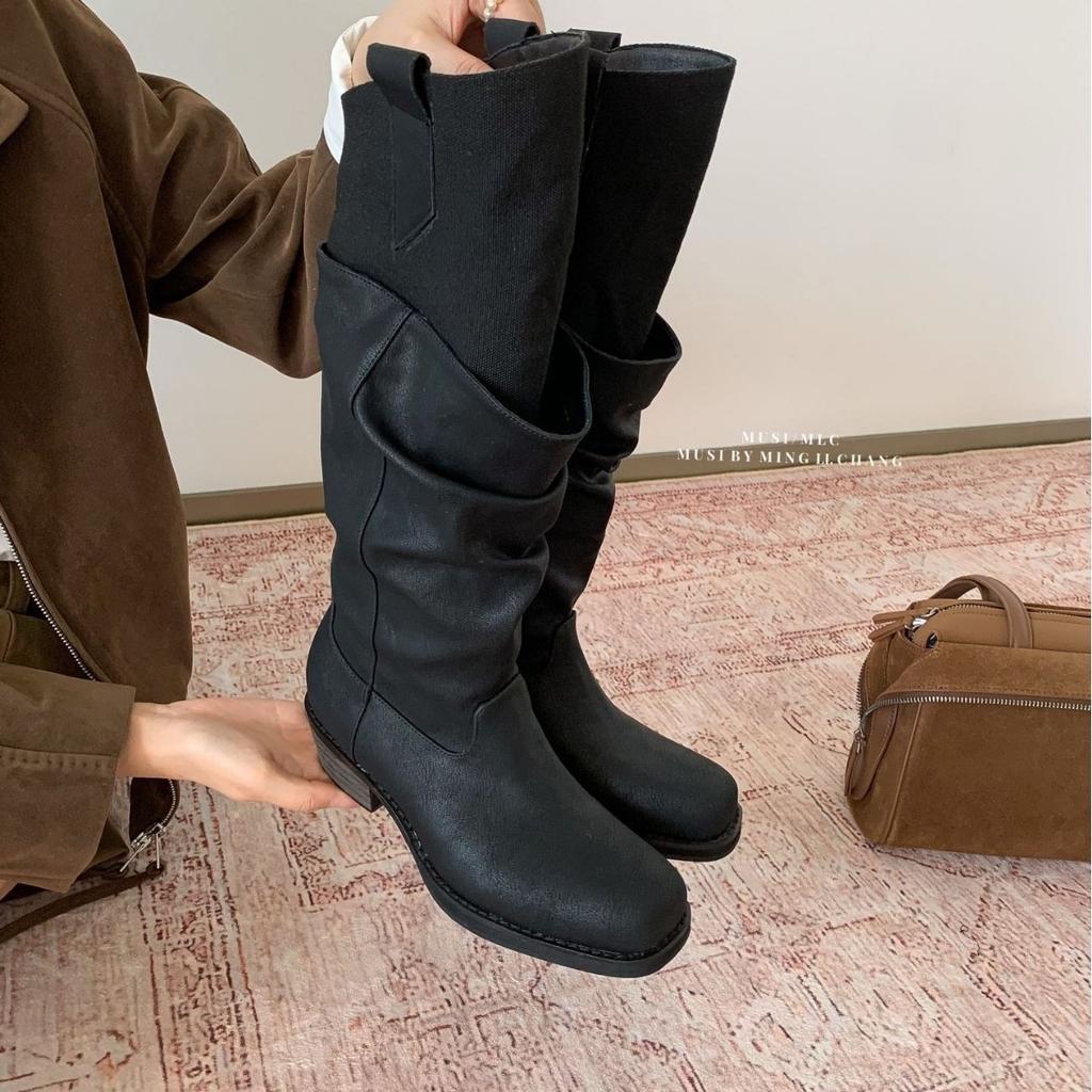 Autumn and winter new European and American style thick heel versatile feet high boots pile boots look thin