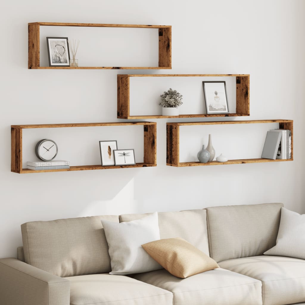 Cube Wall Shelves Set of 4 Rustic Wood Look 100 X 15 X 30 Cm Engineered Wood