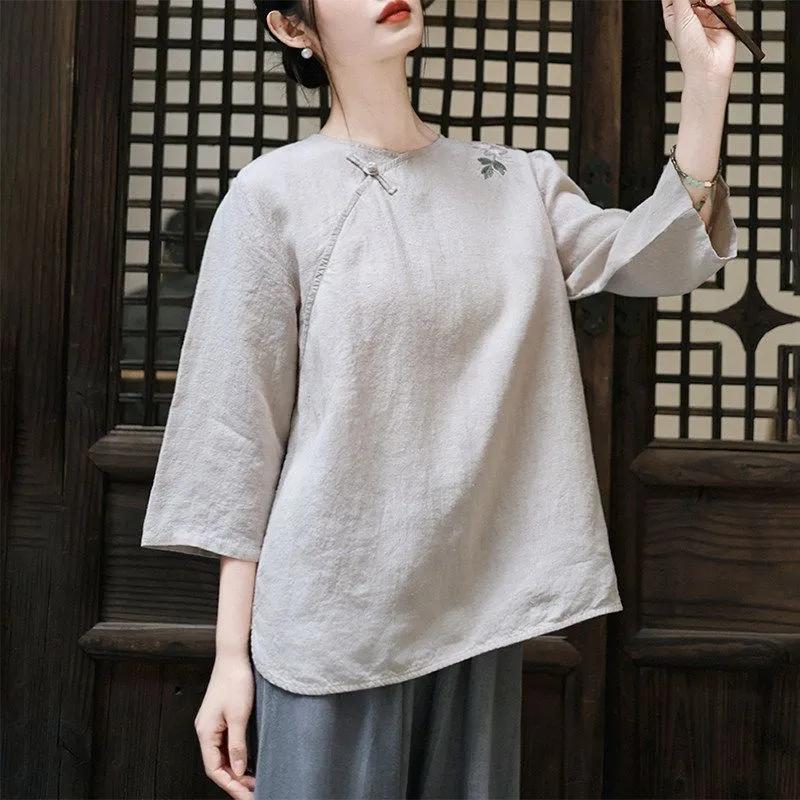 Women S Retro Chinese Style Embroidered Loose 3 4 Sleeve Cotton Linen Shirt M