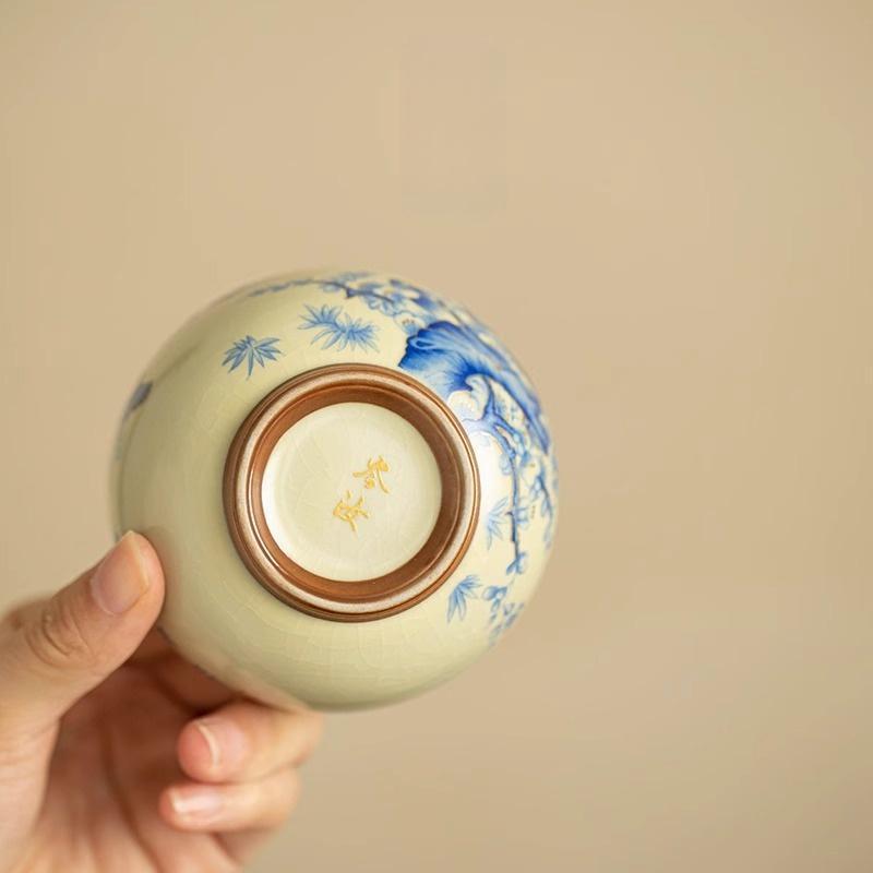 Song Dynasty Style Ru Kiln Ceramic Tea Cup Magpie Plum Blossom Design Zen Gongfu Teaware Premium Handmade for Tea Lovers Gift