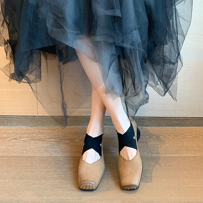 Heels Women Shoes Leather Mary Jane Single Shoes Retro Cross Strap Square Head Comfortable Thick Heel High Heel Ballet Shoes